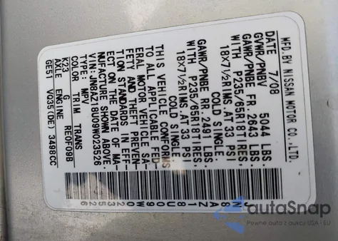 2009 Nissan Murano Sl from USA, damaged, VIN JN8AZ18U09W023526